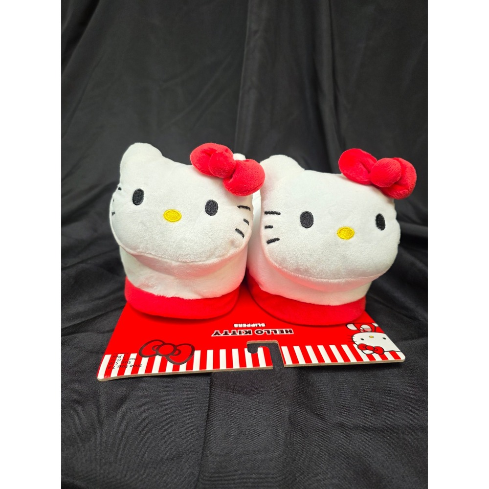 Sanrio Hello Kitty Plush Slippers White Red Bow Womens Size 7-8 New